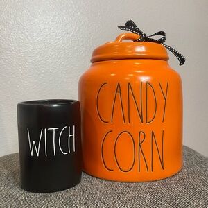 Rae Dunn Halloween set- chubby Candy Corn Canister + Black Witch Candle in cup
